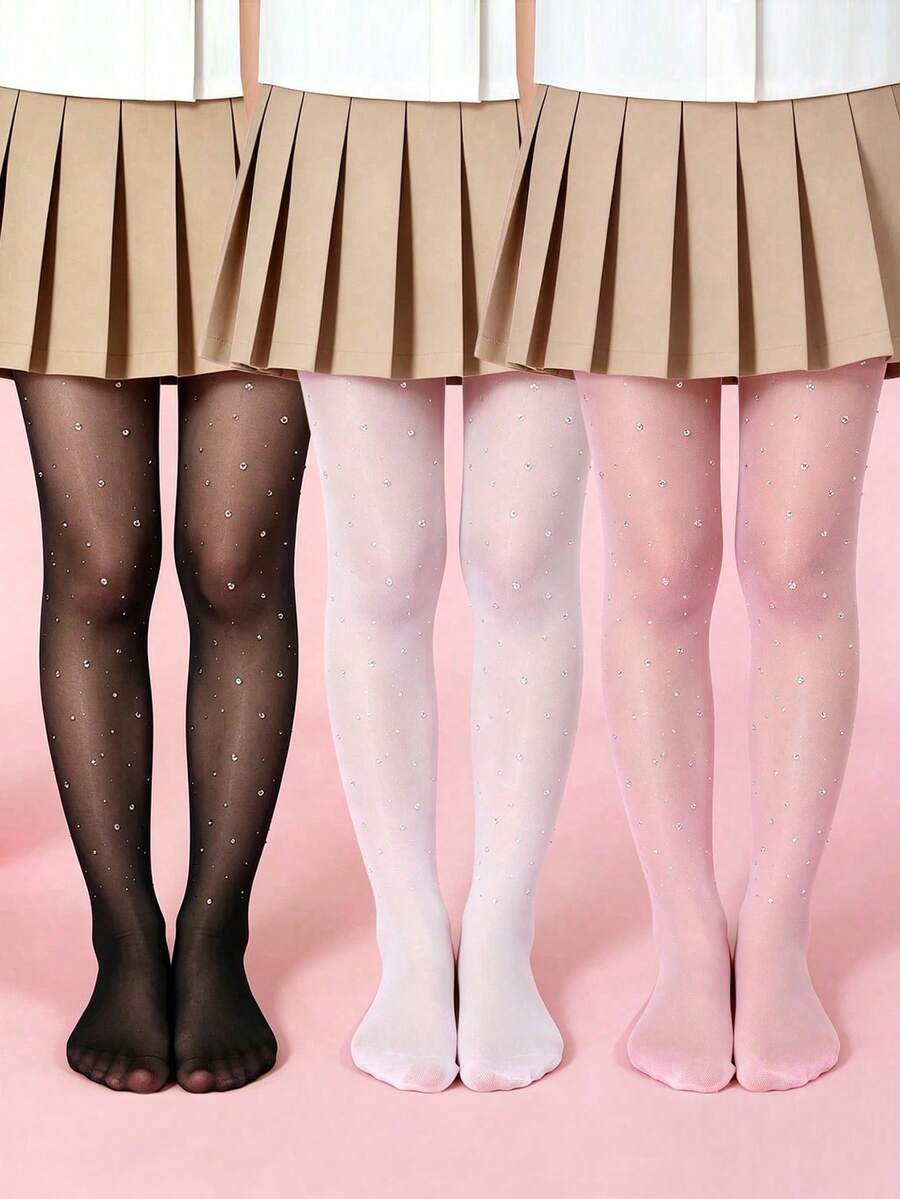 3双装女童甜美水钻设计薄款连裤袜，适合春夏穿着；女童透气紧身打底裤，适合夏季户外活动