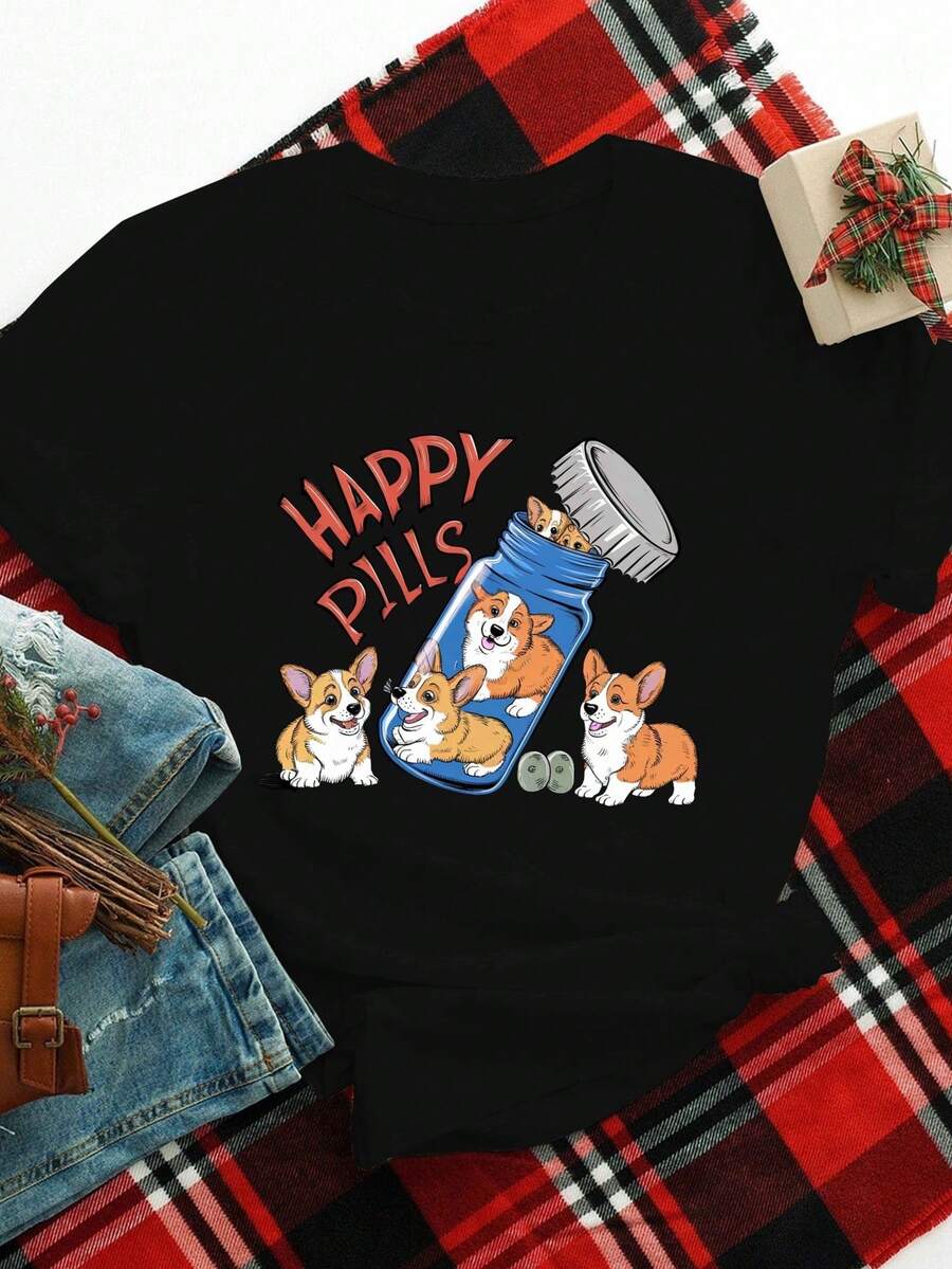 Women's Plus Size Corgi Dog Lover T-Shirt - Cute Corgi & Pill Bottle Short Sleeve Top, Casual Round Neck Tee for Casual Attire, Machine Washable - Fit