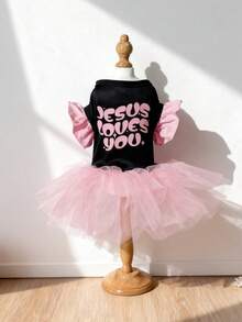 LUCKIE PAL 1pc Pink Letter Slogan Print Ruffle Sleeve Pet Mesh Dress, Cute Stylish Ballerina Tulle Dress, Adorable For Cats And Dogs - Multicolor - View 17