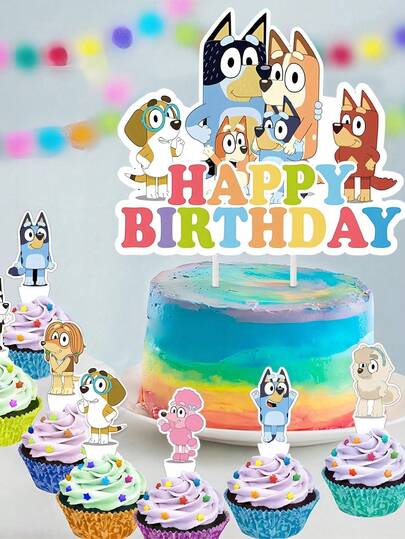  Bluey Themed Birthday Cake Topper Set - Happy Birthday Cake Decorations With Cartoon Bluey Bingo & Friends Cupcake Toppers, Perfect For Birthday Party, Bluey Themed Party Supplies, Colorful Cardstock Cake Picks For Dessert Table Decor, Bluey Heeler Family Party Decor, Reusable Cake Decoration Kit For Birthday, Ideal For Bluey Fans, Party Favors, Birthday Cake Decorating Accessories