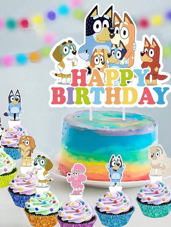  Bộ trang trí bánh sinh nhật chủ đề Bluey - Trang trí bánh sinh nhật vui vẻ với hình hoạt hình Bluey Bingo & Friends, hoàn hảo cho tiệc sinh nhật, đồ dùng tiệc chủ đề Bluey, que cắm bánh bằng giấy bìa nhiều màu sắc để trang trí bàn tráng miệng, trang trí tiệc gia đình Bluey Heeler, bộ trang trí bánh tái sử dụng cho sinh nhật, lý tưởng cho người hâm mộ Bluey, quà tặng tiệc, phụ kiện trang trí bánh sinh nhật.
