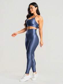 Women's Ribbed Fitness Set, Gym Top And Leggings With Glitter. - 藍色牛仔褲 - 查看 2