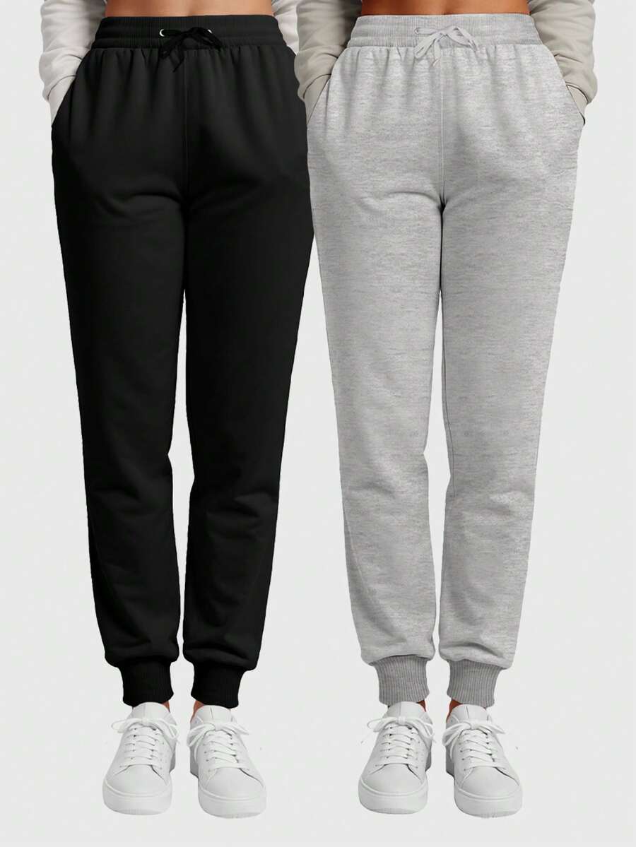 Set Of 2 Women's Sweatpants With Pockets And Adjustable Waistband - 黑色/灰色 - 查看 1