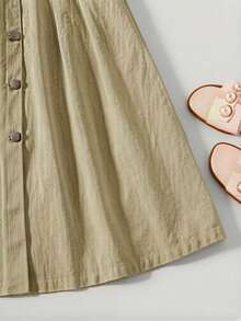 Girl's Casual Minimalist Front Button A-Line Denim Maxi Skirt, Suitable For Outings And Gatherings All Seasons - Khaki - View 7
