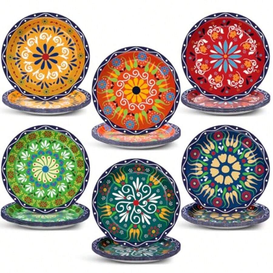 D48 Pcs Mexican Fiesta Party Plates Multicolor Handmade Style Paper Plates Cielito Lindo Party Decoration Talavera Fiesta Tableware Set For Taco Tuesday Dia De Los Muertos Birthday Wedding Baby Shower - 如圖所示 - 查看 1