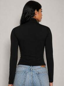 Moderna & Slim Women's Long Sleeve High Neck Blouse, Basic Second Skin Style, Extended Neck, Fitted, Comfortable For Winter - 黑色 - 查看 2