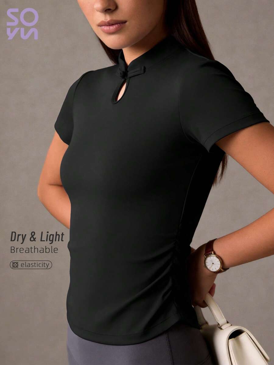 Soyun Nuevo conjunto de yoga para mujer con top con hebilla, nudo chino y arrugas, adecuado para montañismo, natación, fitness, running, bádminton, tenis y deportes al aire libre - Negro - Ver 1