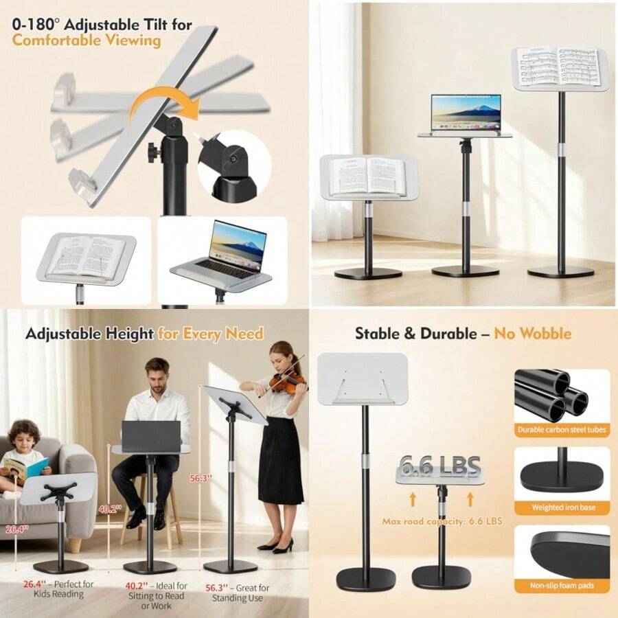 Soporte para libros de piso para lectura soporte para libros de pie con clip de página altura ajustable de 26.5 a 56.5 pulgadas soporte de podio portátil con panel giratorio para libros - negro gris GrayBlack - Ver 1