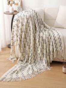 Chăn len dệt kim ấm áp có tua rua - Mềm mại, nhẹ nhàng và hoàn hảo cho ghế sofa, giường ngủ và khi đi du lịch - Phong cách trang trại màu kaki và kem - Sợi AB - Xem 3