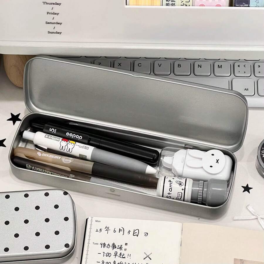 1个韩式波点金属铅笔盒，简约“Happy Day”印花铁皮铅笔盒，耐用便携文具收纳盒，适合女孩和青少年，可爱笔筒，适用于学校和办公室用品