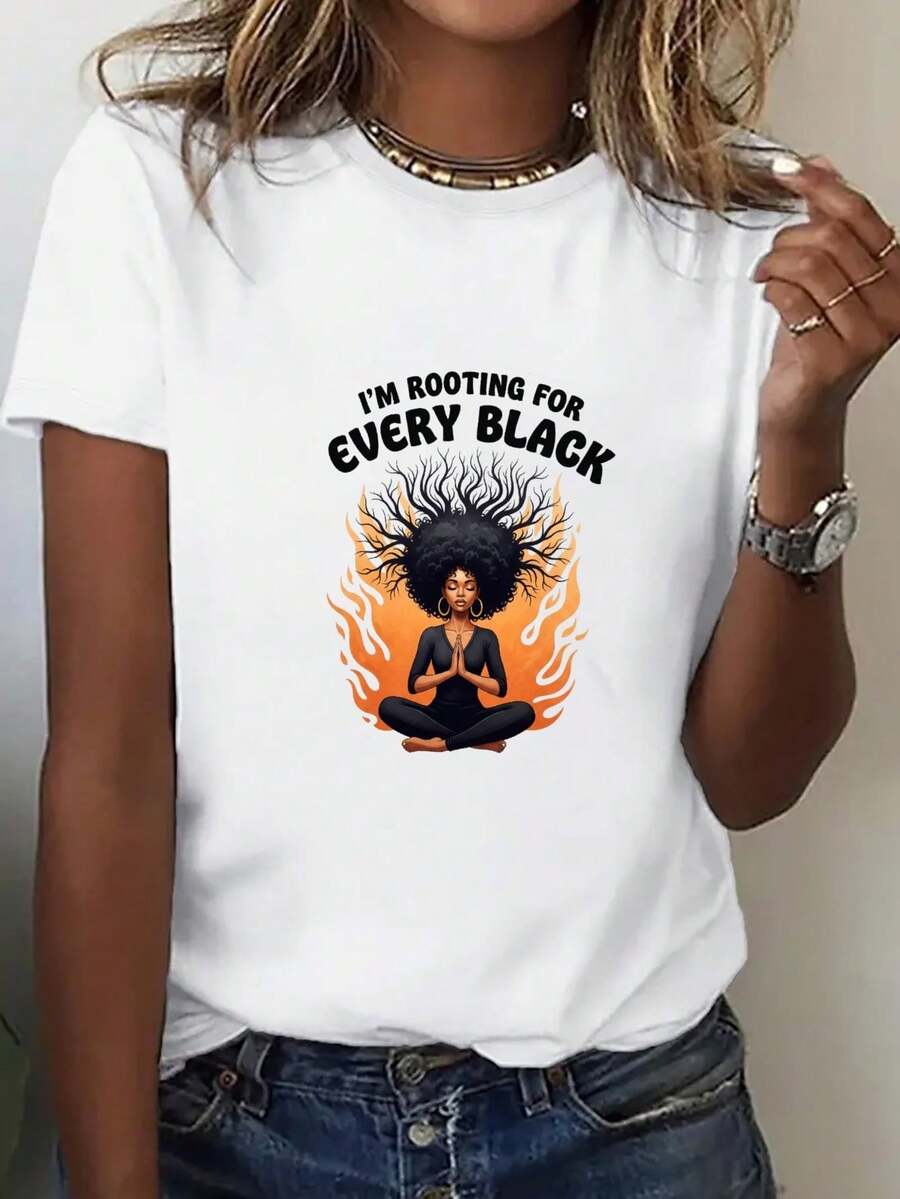 Plus Size - Women's Plus Size T-Shirt - Loose Fit Casual T-Shirt With Bold Graphic "I'm Rooting For Every Black" - Black T-Shirt For Women - All Season Comfort Fit Top For Home, Outings And Casual Wear, Comfortable Home Wear, Statement T-Shirt, Breathable Material, Short Sleeve T-Shirt, Fashion Lovers - 白色 - 查看 1