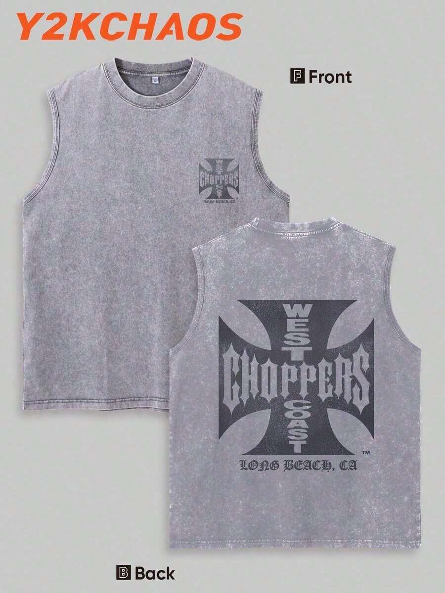 Y2KCHAOS 210g Washed Pure Cotton Vest Men's Vest Streetwear Style American Casual Wear West Coast Choppers Graphic Print Motorcycle Culture Inspired Design For Men And Young Adults-Vintage Street Style Unisex Loose Cotton Short Sleeve Crew Neck T-Shirt - 灰色 - 查看 1