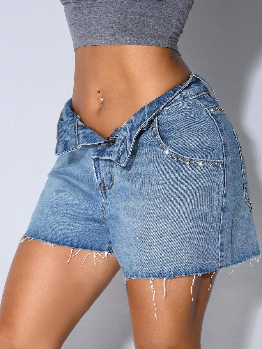 Women's Summer Low Waist Rhinestone Decorated Sexy Casual Denim Shorts - Periwinkle Blue - View 1