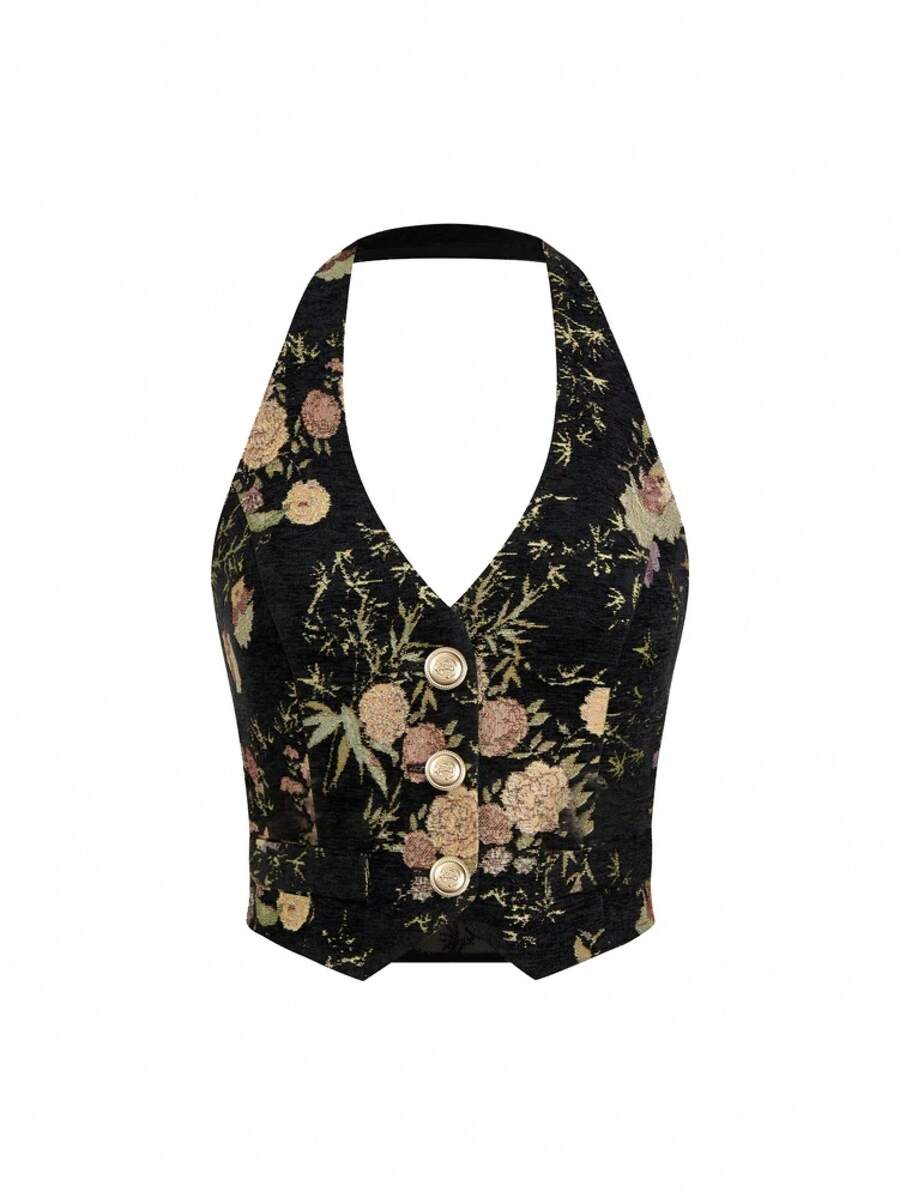 Moda mujer cuello colgante botón corto chaleco Top mujer Sexy figura delgada sin mangas camiseta sin mangas verano mejor elección - Negro - Ver 1
