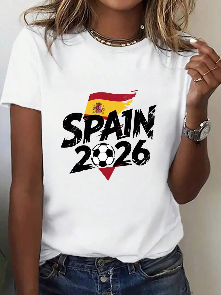 Women's Crew Neck T-Shirt, USA-Mexico Clothing Series. Stylish Crew Neck T-Shirt With Spanish Flag And Soccer Print, A Striking Piece For Everyday Wear. Soccer Fan Clothing, Cheerleading Outfits. New Comfortable Short Sleeve Blouse For - 白色 - 查看 1