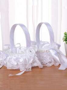 1pc White Flower Girl Basket For Wedding (White Style With Random Floral Pattern) (Due To The Variety Of Styles, All Are Handmade, And The Actual Item May Differ Slightly From The Detailed Photos, Please Refer To The Received Physical Product) - White - View 12