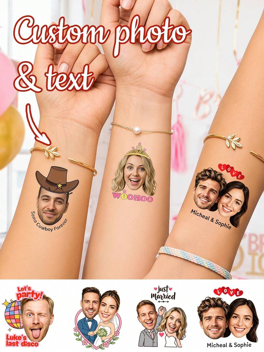 Pegatinas de tatuaje temporal con foto personalizada, diseño de retrato de dibujos animados personalizado para graduación, decoración corporal de estilo de celebración divertida para fiesta y ceremonia de graduación, calcomanía de tatuaje con nombre personalizado, recuerdo único, favor personalizado con foto para amigos, compañeros de clase, familia en temporada de graduación - Amarillo - Ver 1