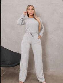 Women's Set: Wide Leg Pants And Long Sleeve Ribbed Knit Top - Premium Winter Casual Chic - 灰色 - 查看 9