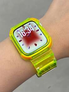 1条荧光色一体式透明冰川表带 + 防震保护壳，兼容表带46mm 42mm 44mm 45mm 38mm 40mm 41mm，夏季透气舒适表带，兼容 Series 11 10 9 8 3 4 5 6 SE 7 2 1，时尚防摔保护表带配件 - 綠色 - 查看 5