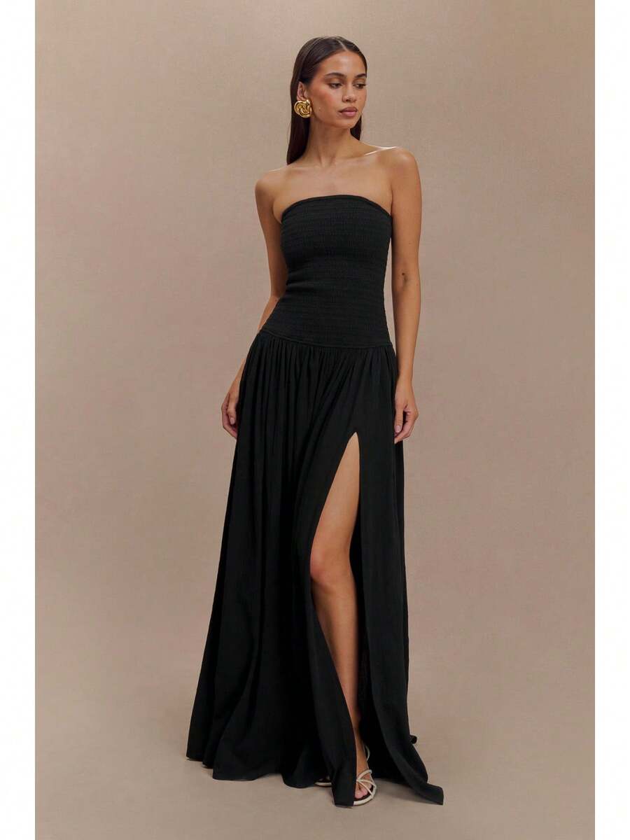 Women's Strapless Maxi Dress Smocked Tube Top Flowy Elegant Summer Beach Dress - Black - View 1