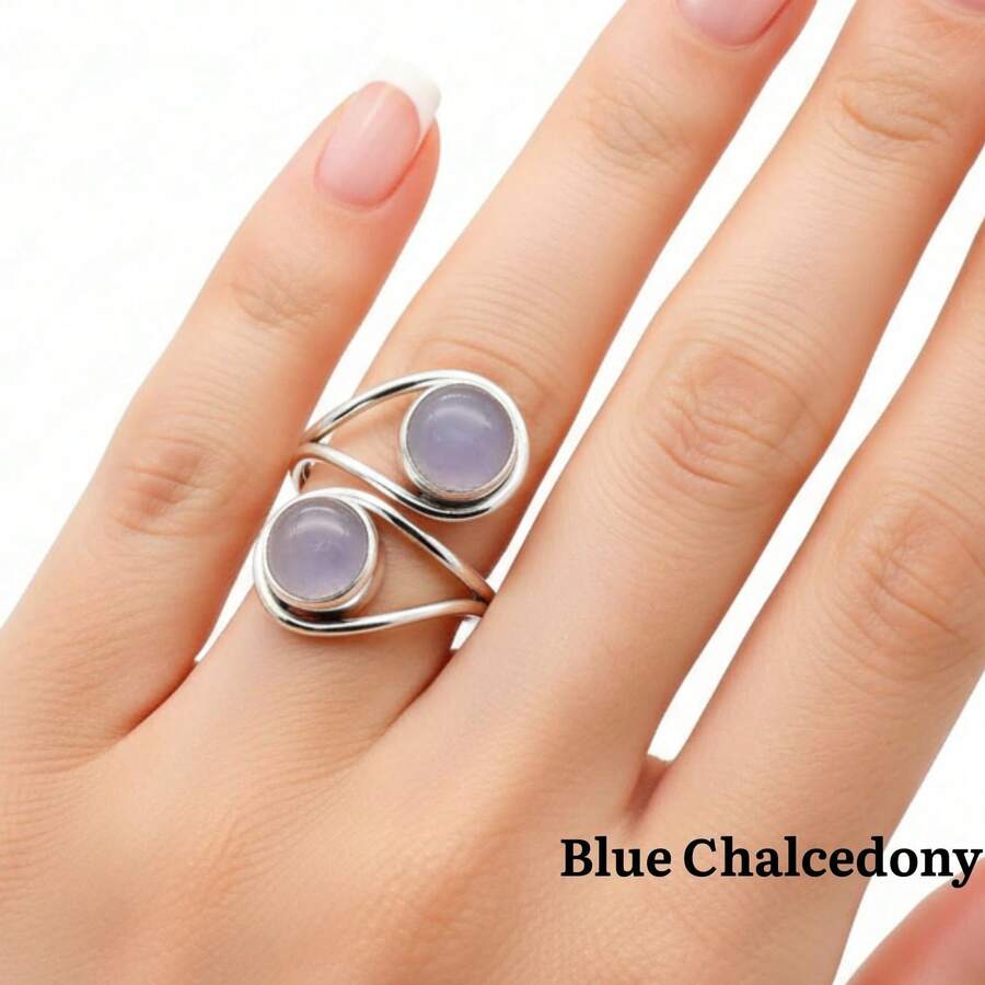Blue Chalcedony 925 Sterling Silver Gemstone Adjustable Ring - 藍玉髓 - 查看 1