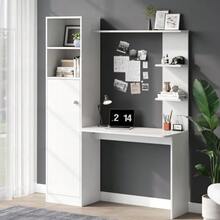 Desk/Work Table With Storage – White With Contrasting Slatted Wooden Top, Lower Cabinet With Doors And Open Upper Shelf, Office Design, 123.5 X 45 X 168.5 Cm - 白色1 - 查看 4