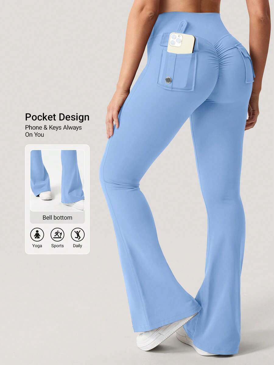 VOYJOY Flare Leggings With Pockets For Women Brittany Leggings Workout Leggings For Women Butt Lifting Gym Yoga Leggings Y2K Summer Leggings For Women - xanh nhạt - Xem 1
