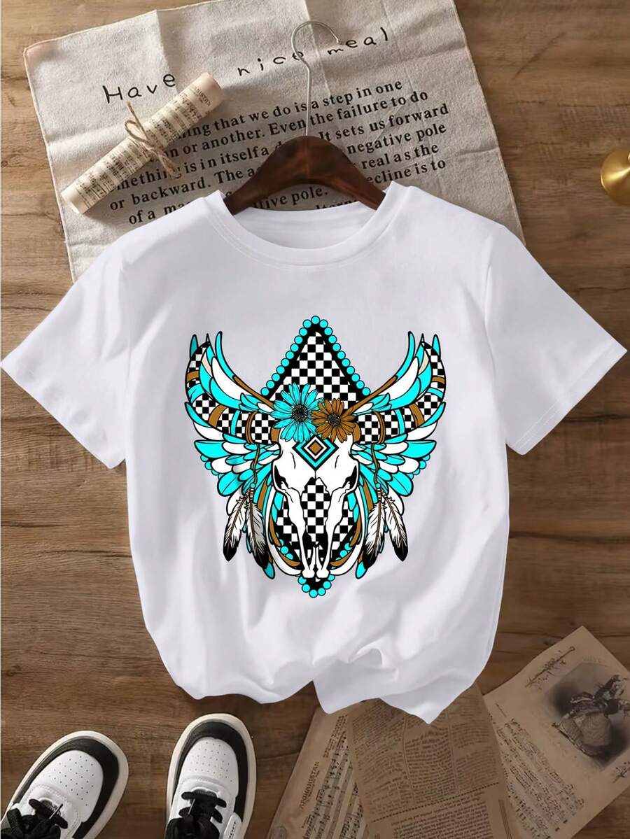 Camiseta de impresión de cráneo de vaca turquesa unisex - camiseta de cuello redondo de verano de manga corta superior de estilo sudoeste de algodón con perlas de turquesa como patrones para entrenamiento de gimnasio y trajes occidentales Regalo para un amigo