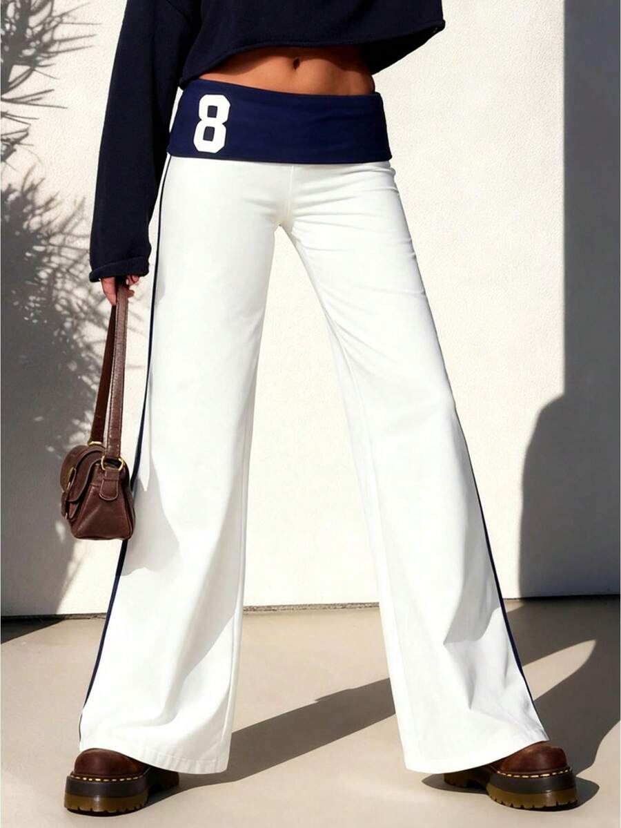 Women's Casual Trousers Y2K Low Waist Loose Fit Flare Pants for Daily Wear - Pearl White - Ver 1