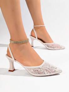 2026 Women's High Heel Sandals Spring/Summer New Mesh Pointed Toe Kitten Heel Sandals Elegant Dating Party Daily Commute Outfit - Beige - View 2