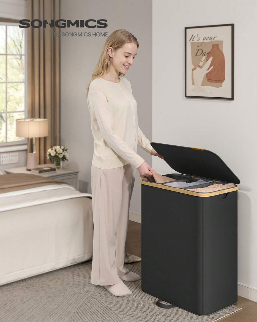 Laundry Hamper, Laundry Sorter With Lid, Storage Basket Bin, Removable Liners, Bamboo Frame, For Bedroom, 3 Sections, 44.9 Gal. (170 L) - Ink Black - View 1