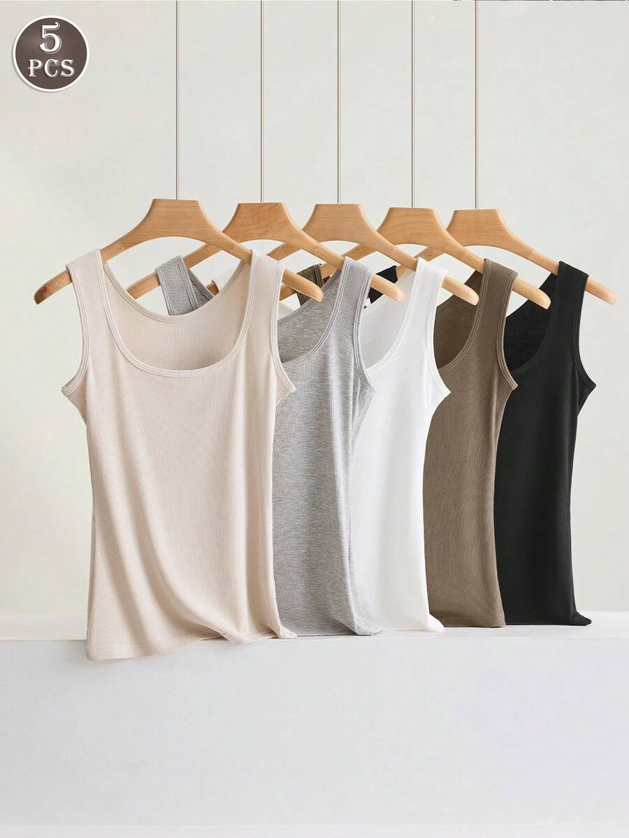 Set de 5 camisetas de tirantes de mujer de color liso sencillas, con cuello redondo, tops sin costuras aptos para capas, cómodos y con estiramiento - Multicolor - Ver 1