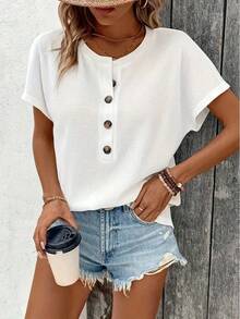 Camiseta grande de manga corta de color sólido para mujer, novedad de verano, holgada con cuello en V, informal, combina con todo, manga de tres puntos b, Europa y América - XING - Ver 3