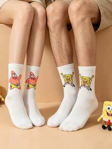 SpongeBob SquarePants 2 đôi tất dài đến bắp chân, in hình hoạt hình, kiểu dáng thường ngày, mỏng nhẹ, thoáng khí, phù hợp cho mùa xuân/hè. - Nhiều màu - Xem 7