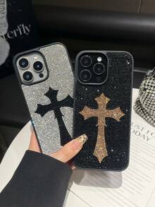 1pc White & Black Cross Rhinestone Phone Case, Luxury Shockproof 2-In-1 Protective Cover For IPhone 16 Pro Max/13/14 - White Black - View 3