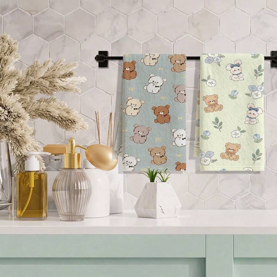 1pc/2pcs/4pcs Cute Multi-Color Bear Print Kitchen Towels, Super Soft, Quick Dry And Absorbent, Cartoon Bow Pattern Design, Sweet Kawaii Style, Machine Washable, Suitable For Restaurant Or Kitchen Decor, Daily Hand Towels - Multicolor - View 1