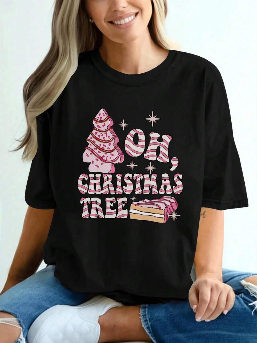 Women's Pure Christmas Tree Cake Print T-Shirt - Oh Christmas Tree German Shepherd Inspired Lettering And Pink Sprinkles Design, Soft Crew Neck Short Sleeve Blouse For Casual, Holiday And Casual Wear (Beige, All Season) - 黑色 - 查看 1