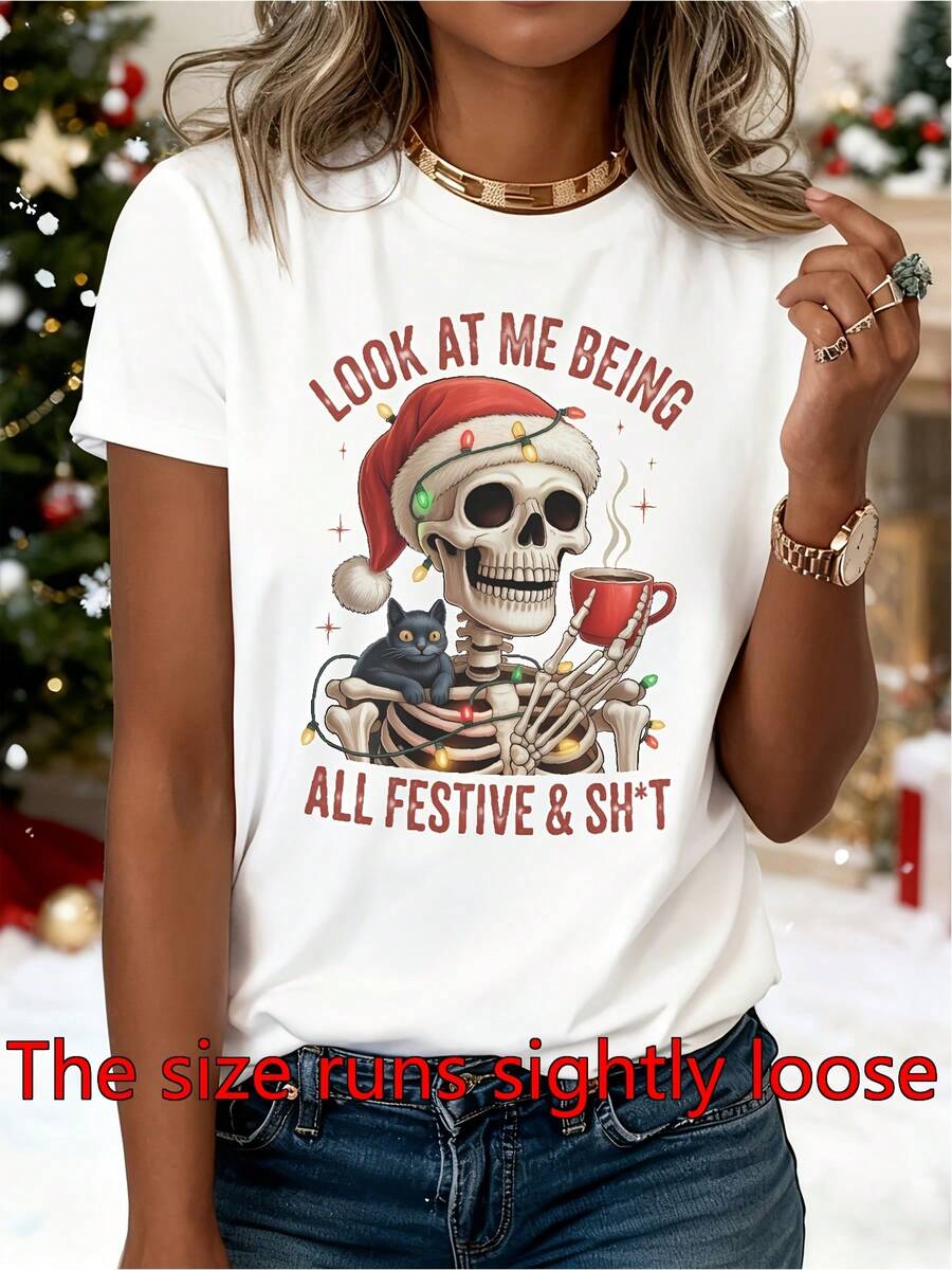 Women's Funny Christmas T-Shirt With Santa Skeleton And The Slogan "Look At Me Being All Festive" - Casual Short Sleeve Crew Neck T-Shirt, Weird Christmas Outfit Suitable For Parties, Holiday Gift, Machine Washable White Top - 白色 - 查看 1