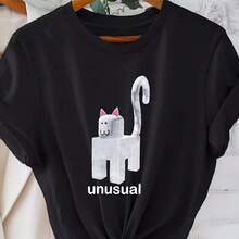 Womens Cube Cat Geometric220g heavyweight 100% cotton T-shirt. Butterfly print. Unisex sizing. Round neck inspirational T-shirt. Cute and beautiful Y2K-inspired summer top, perfect for the outdoors, home, work, or street wear. Casual, loose-fitting everyday T-shirt. - Negro - Ver 1