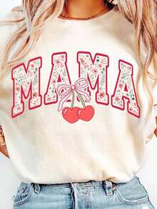 1 pieza de moda casual para hombres y mujeres. Diseño de sublimación para camiseta de mujer con estampado de lazo de cereza, diseño estético femenino para chicas, ideal para el Día de la Madre. Versátil, fácil de combinar, adecuado para uso diario, estilo urbano, conjuntos de vacaciones, conjuntos de fin de semana. - Albaricoque 2 - Ver 5