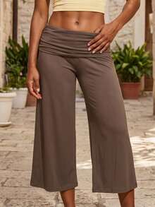 Women's Capri Pants Fold Over Waistband Low Rise Solid Color Wide Leg Cropped Lounge Trousers - 可可 - 查看 4