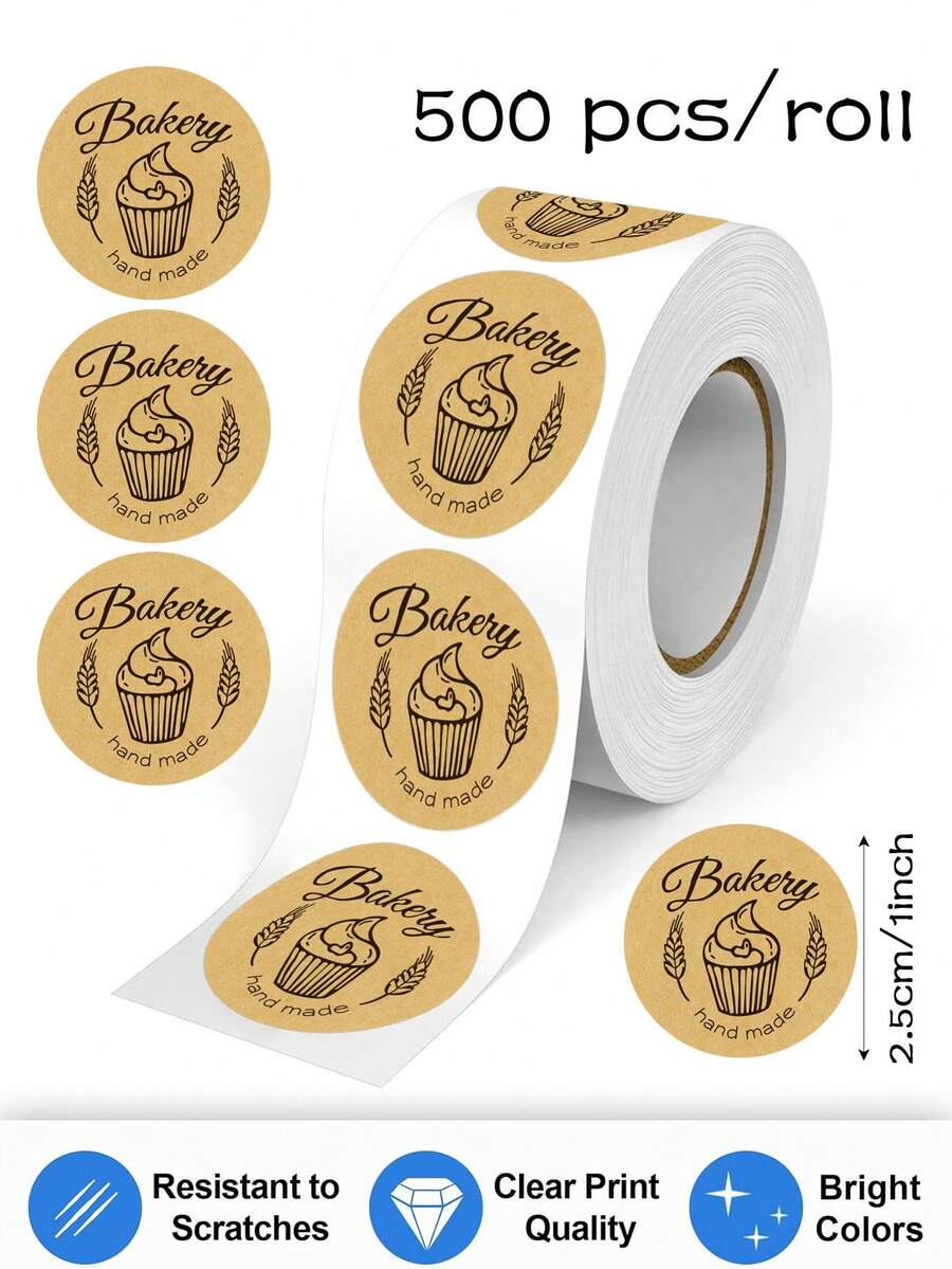 500pcs Handmade Baking Label Stickers Roll (Brown), 1 Inch Round, Suitable For Small Business Baked Goods, Drinks, Gifts, DIY Packaging, Envelopes, Cards, Bouquets, Sealing Labels, PVC Stickers - Handmade Baking Labels - View 1