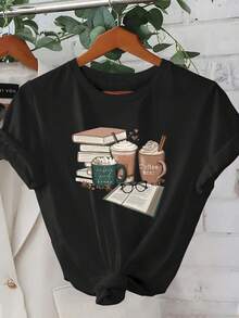 Camiseta de cuello de tripulación de manga corta casual de las mujeres con impresión de café y libros, poliéster ligero, lavable en máquina, perfecto para las salidas de verano y el uso diario, camiseta diaria | Camiseta de ajuste relajado | Impresión duradera - Negro - Ver 2