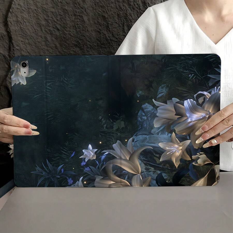 花卉图案 1 件装暗黑森林发光百合印花平板电脑保护套，带笔槽，兼容 iPad Air 4/5/10 代智能保护套/Air 13(M3 2025)/Air 11(M3 2025)/11(A16 2025)，兼容 Oppo Pad、华为 MatePad、vivo Pad、荣耀 Pad、联想小新 Pad - 彩色 - 查看 1