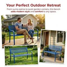 Outdoor Metal Garden Bench For 2 Person, Heavy Duty Steel Patio Bench 790 Lbs Capacity, Weather Resistant Black Porch Seating With Geometric Backrest, Outdoor Furniture For Yard, Deck, Entryway - Blue - View 6