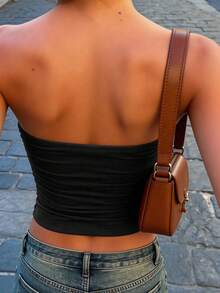 Women's Sexy Fashionable Cropped Amber Bead Decorated Double-Layer Ruched Tube Top For Summer Vacation - Black - View 3