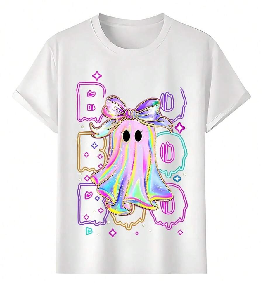 Neon Bright Cat T-Shirts With Bow - White - View 1