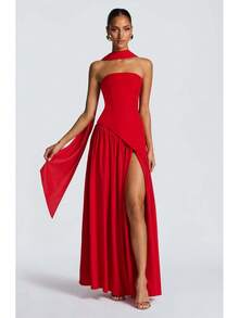 KZKZWK Colorblock Strapless High Split Maxi Dress Elegant Evening Summer Dress For Women - 紅色 - 查看 12