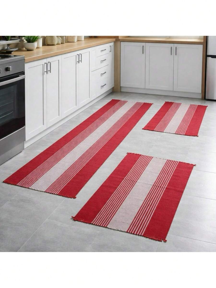 Kitchen Mat And Runner Set With 3 Pieces, Various Colors, Plain And Striped - Light Red - View 1