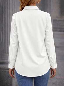 New Arrival All Season Fashion Women's Long Sleeve Button-Up Shirt With Faux Pockets White - White - View 2